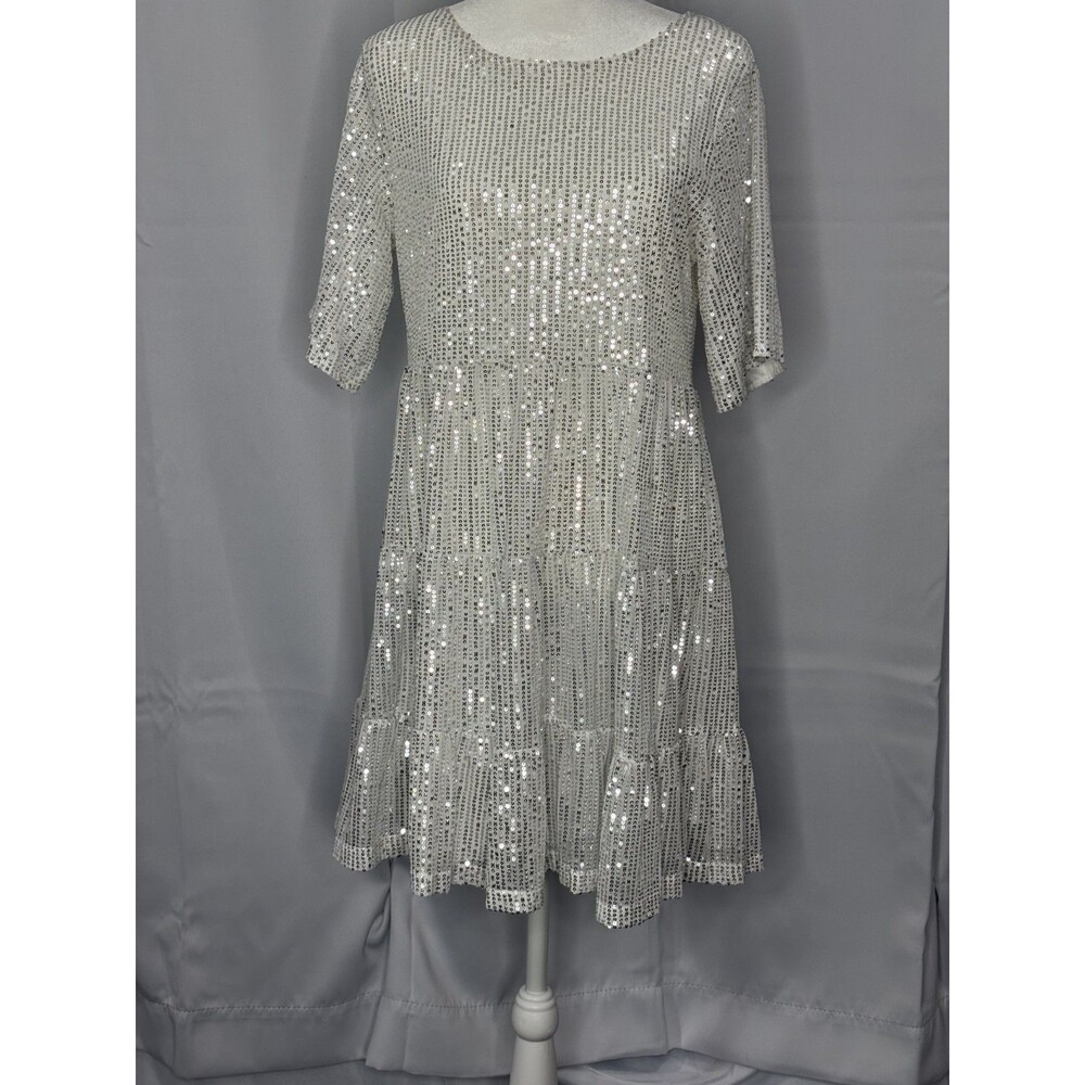 Women’s Size S Silver Sequin Tiered Dress Short Sleeve Party Cocktail - Picture 3 of 6